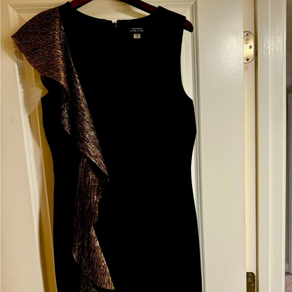 Tahari dress with gold and black sash